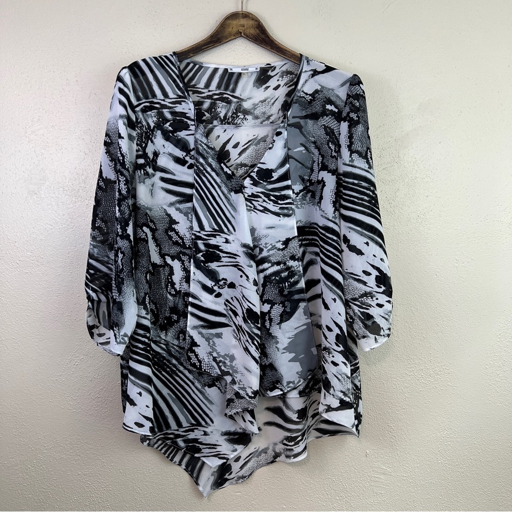 Sioni V-Neck Asymmetrical Hem Blouse Black White Sheer XL